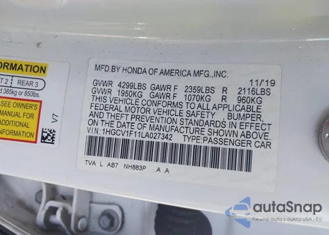 2020 Honda Accord Lx from USA, damaged, VIN 1HGCV1F11LA027342